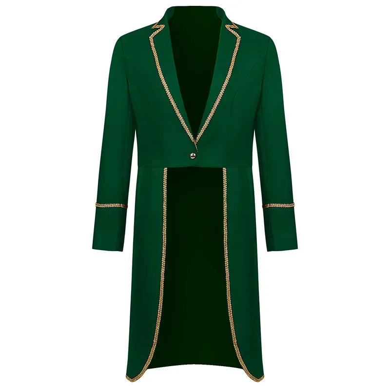2025 New Men's Steampunk Tuxedo Gothic Jacket Solid Color Tailcoat Long Coat Halloween Medieval Costume Frock Gold Trim Coat