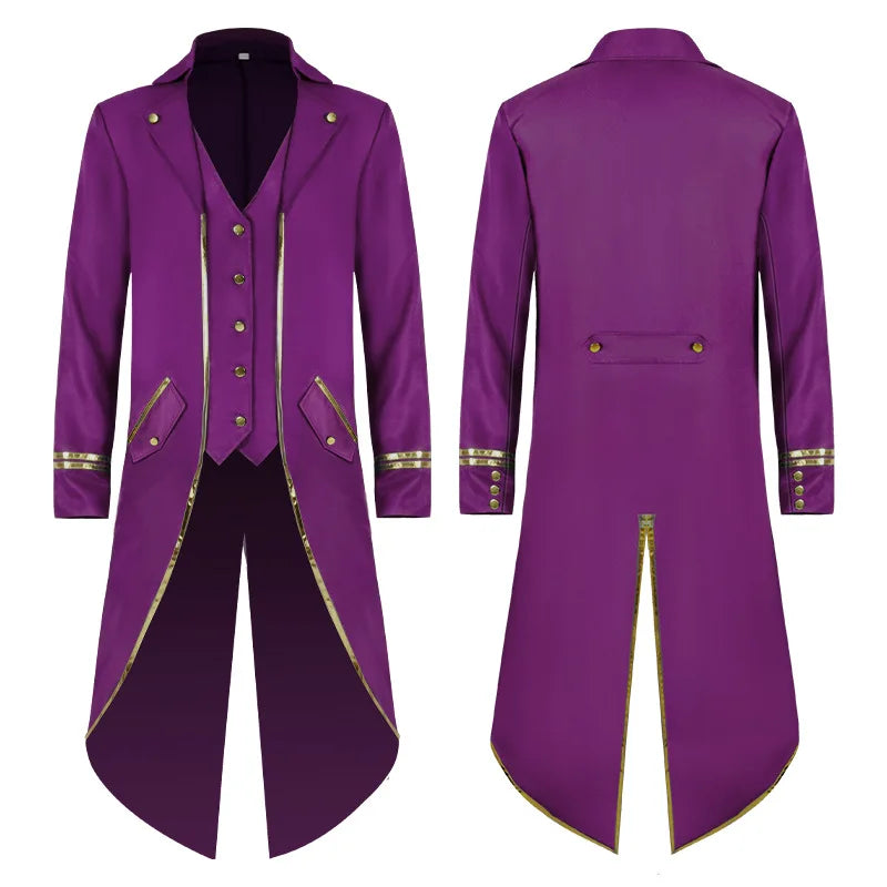 Medieval Style Men's Retro Mid-Length Punk Coat with Gold Trim Trench for Halloween Cosplay in Red Green Purple Trench Jacket