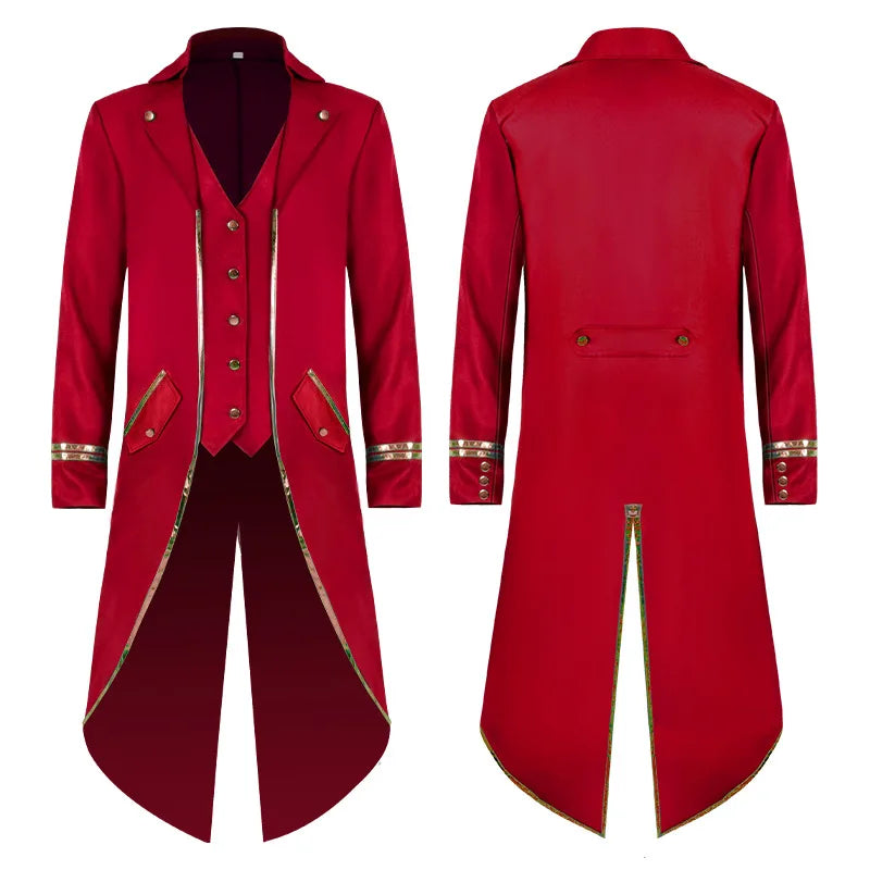 Medieval Style Men's Retro Mid-Length Punk Coat with Gold Trim Trench for Halloween Cosplay in Red Green Purple Trench Jacket