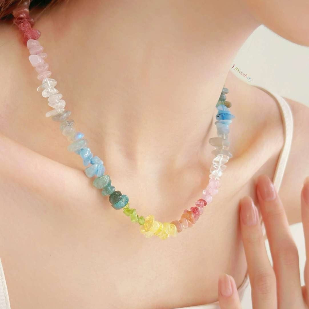 Colorful Dopamine Chakra Yoga Clavicle Necklace S925 Pure Silver Natural Crystal Necklace Fresh INS Sweet and Cool Wind Women's Chain