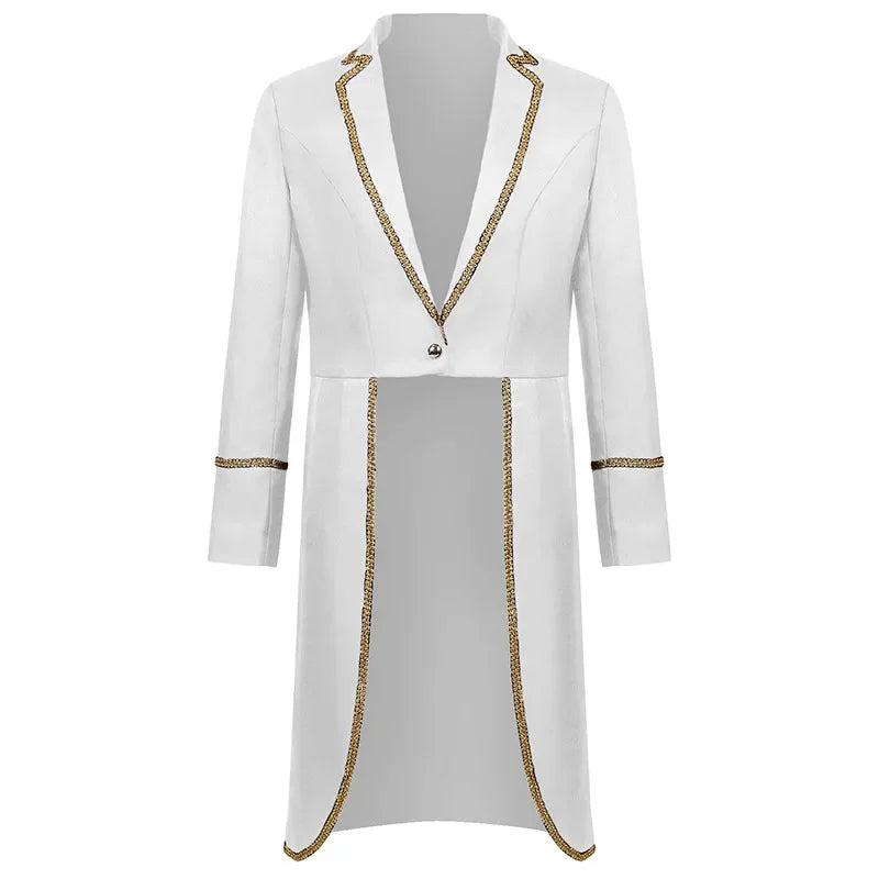 2025 New Men's Steampunk Tuxedo Gothic Jacket Solid Color Tailcoat Long Coat Halloween Medieval Costume Frock Gold Trim Coat