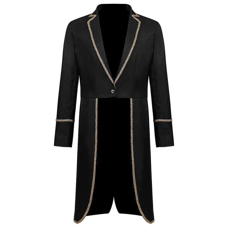 2025 New Men's Steampunk Tuxedo Gothic Jacket Solid Color Tailcoat Long Coat Halloween Medieval Costume Frock Gold Trim Coat