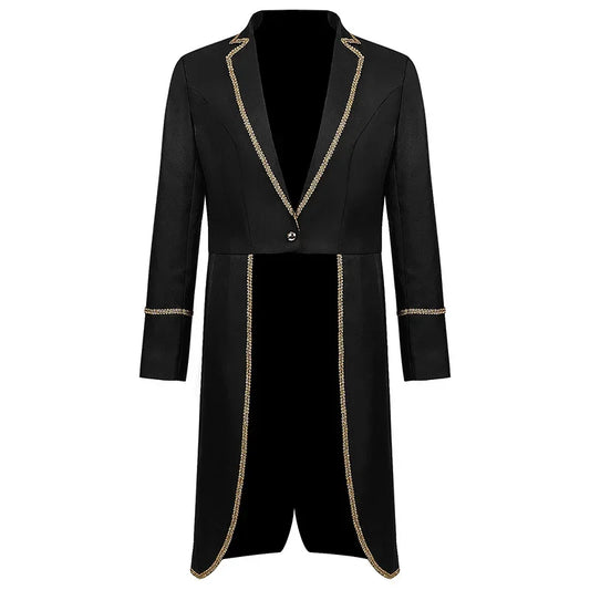 2025 New Men's Steampunk Tuxedo Gothic Jacket Solid Color Tailcoat Long Coat Halloween Medieval Costume Frock Gold Trim Coat