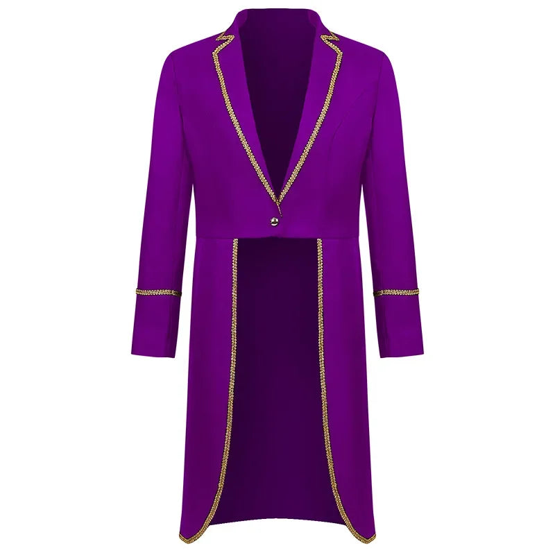 2025 New Men's Steampunk Tuxedo Gothic Jacket Solid Color Tailcoat Long Coat Halloween Medieval Costume Frock Gold Trim Coat