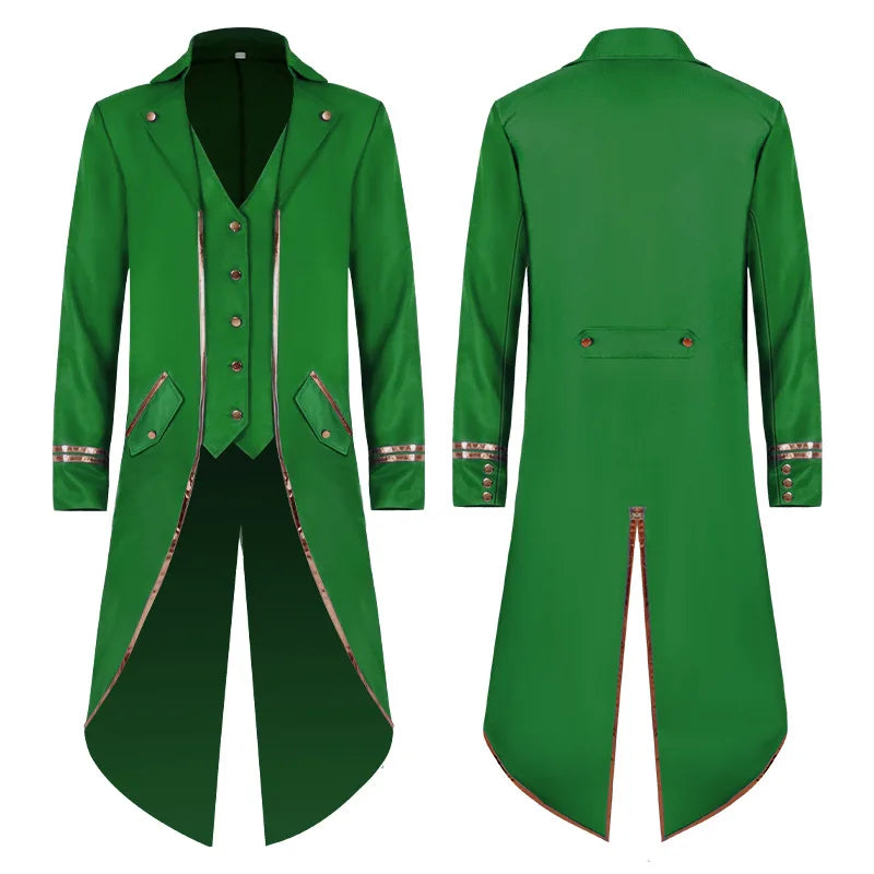 Medieval Style Men's Retro Mid-Length Punk Coat with Gold Trim Trench for Halloween Cosplay in Red Green Purple Trench Jacket