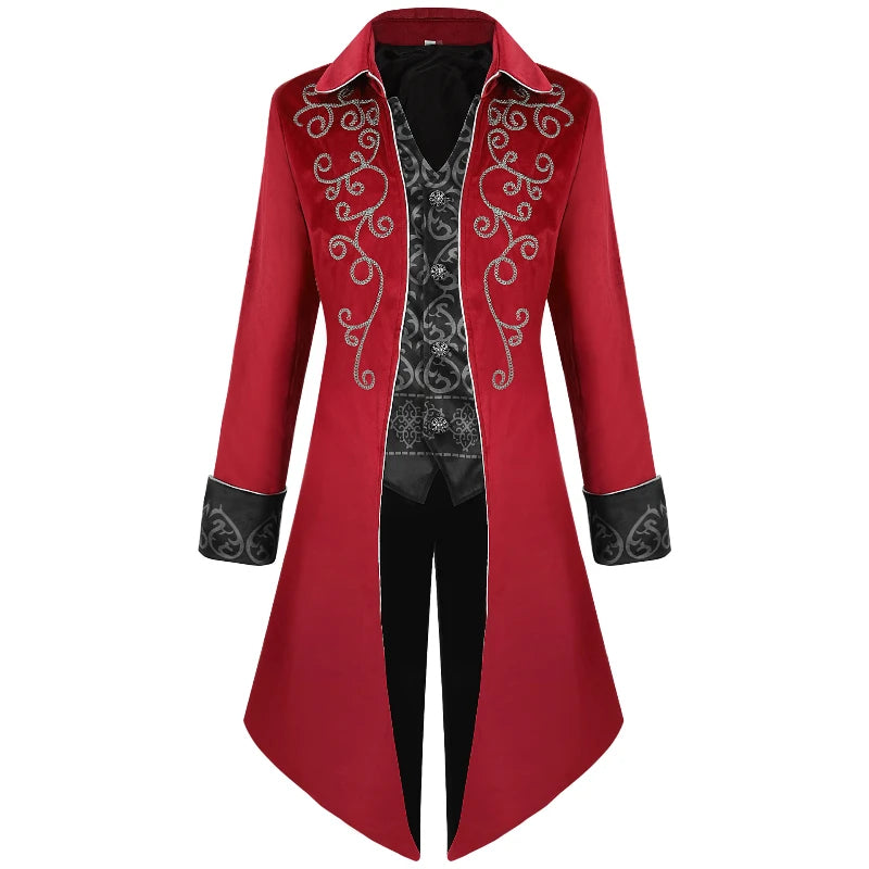 2025 Medieval Vintage Silver Trim Jacquard Men's Tuxedo, COS Prom Performance Steampunk Dress Jacket, Easter Halloween Costumes