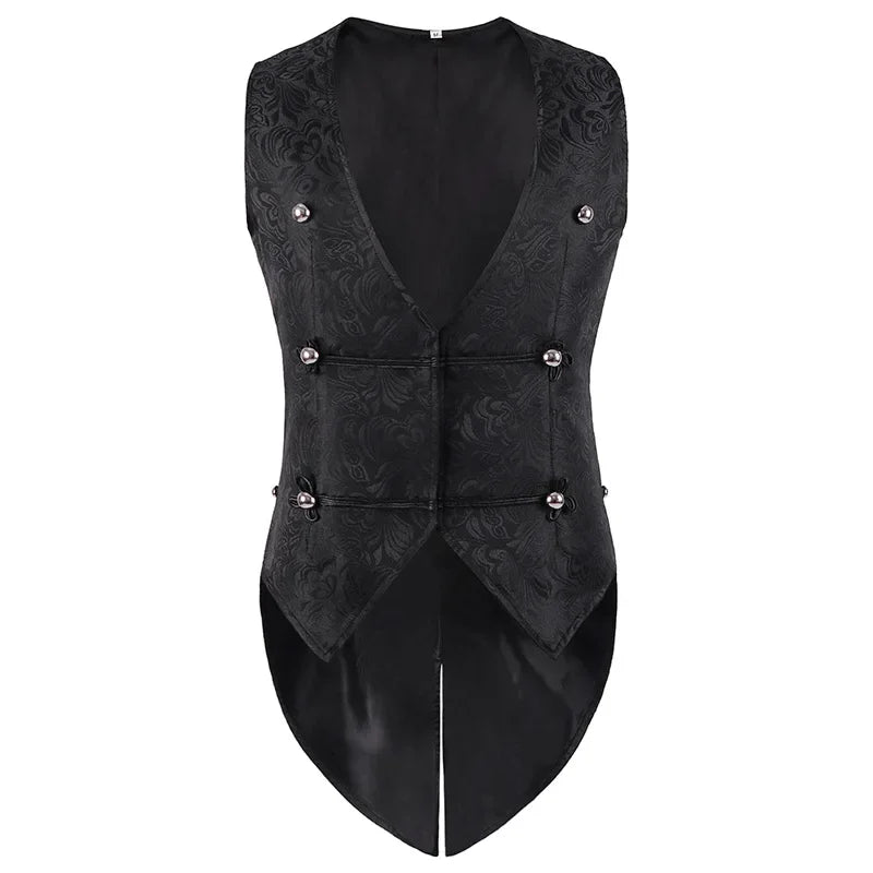 Men Medieval Gothic Vest Jacquard Tailcoat Black Double-breasted Vintage V-neck Stage Party Steampunk Coat Halloween Jacket