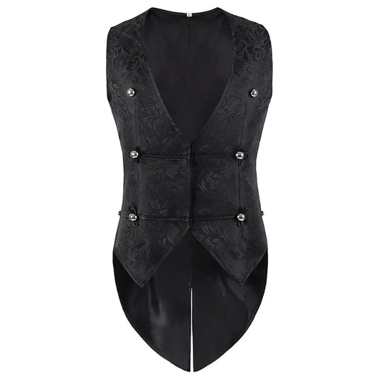Men Medieval Gothic Vest Jacquard Tailcoat Black Double-breasted Vintage V-neck Stage Party Steampunk Coat Halloween Jacket