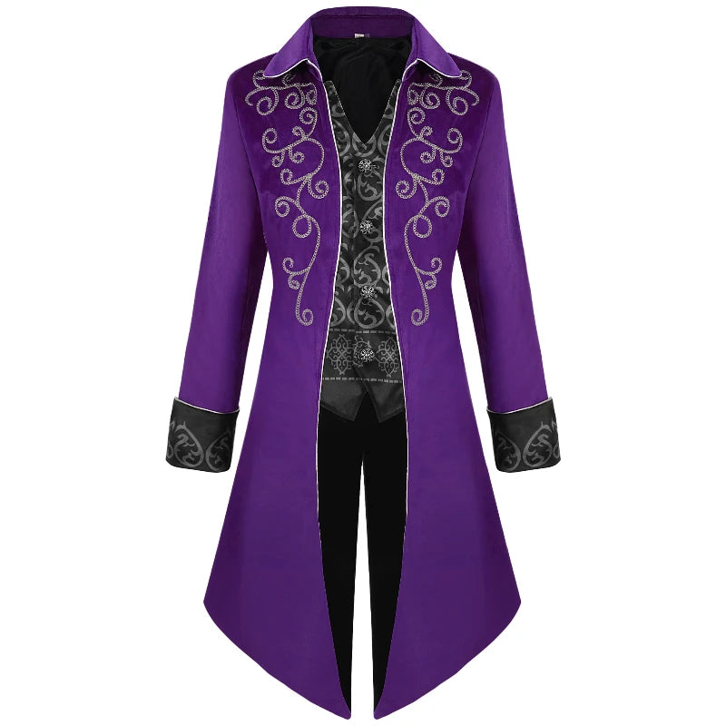 2025 Medieval Vintage Silver Trim Jacquard Men's Tuxedo, COS Prom Performance Steampunk Dress Jacket, Easter Halloween Costumes