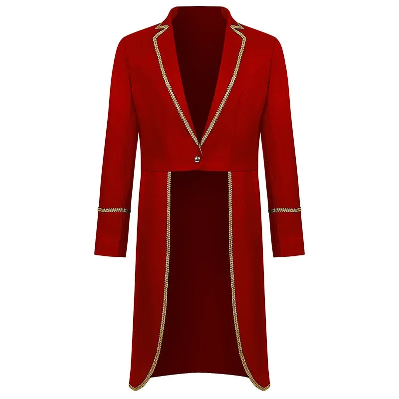 2025 New Men's Steampunk Tuxedo Gothic Jacket Solid Color Tailcoat Long Coat Halloween Medieval Costume Frock Gold Trim Coat