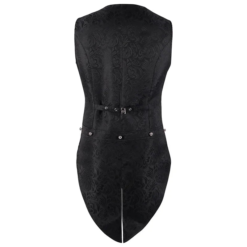 Men Medieval Gothic Vest Jacquard Tailcoat Black Double-breasted Vintage V-neck Stage Party Steampunk Coat Halloween Jacket