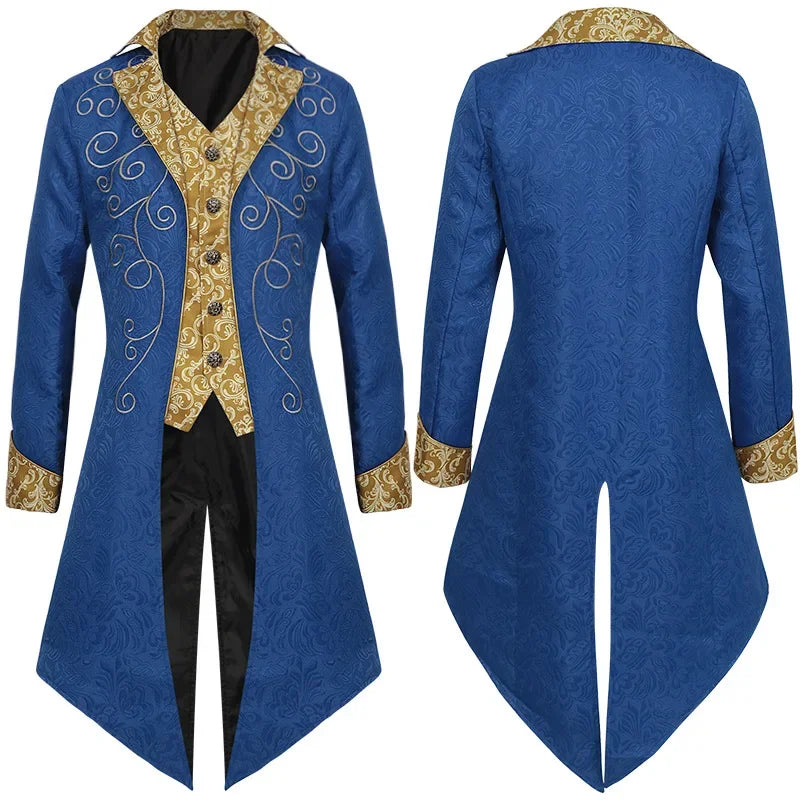 Mens Vintage Blue Medieval Steampunk Tailcoat Jacket Halloween Party Costume Victorian Renaissance Pirate Vampire Gothic Jackets
