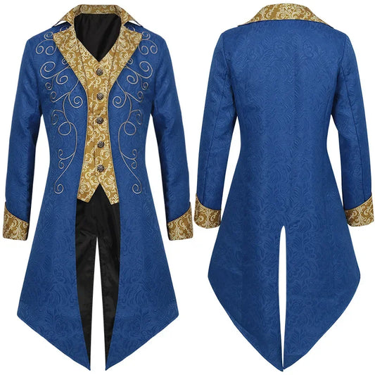 Mens Vintage Blue Medieval Steampunk Tailcoat Jacket Halloween Party Costume Victorian Renaissance Pirate Vampire Gothic Jackets