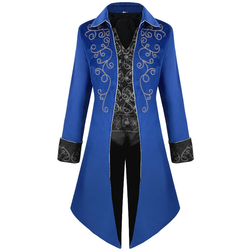 2025 Medieval Vintage Silver Trim Jacquard Men's Tuxedo, COS Prom Performance Steampunk Dress Jacket, Easter Halloween Costumes