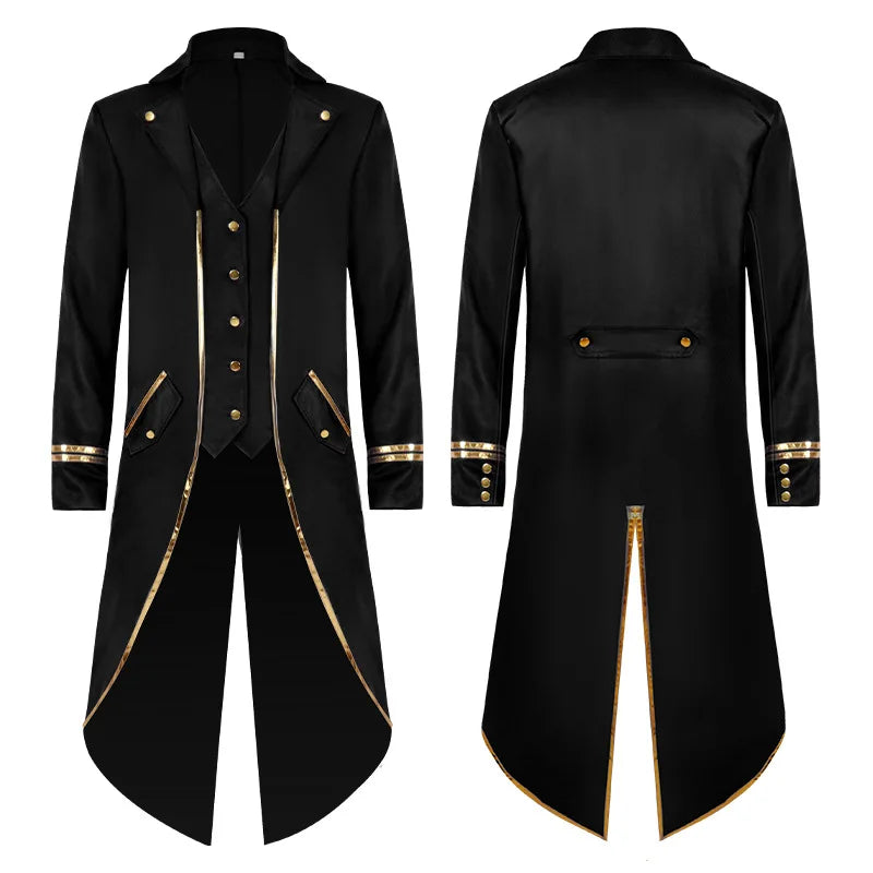 Medieval Style Men's Retro Mid-Length Punk Coat with Gold Trim Trench for Halloween Cosplay in Red Green Purple Trench Jacket