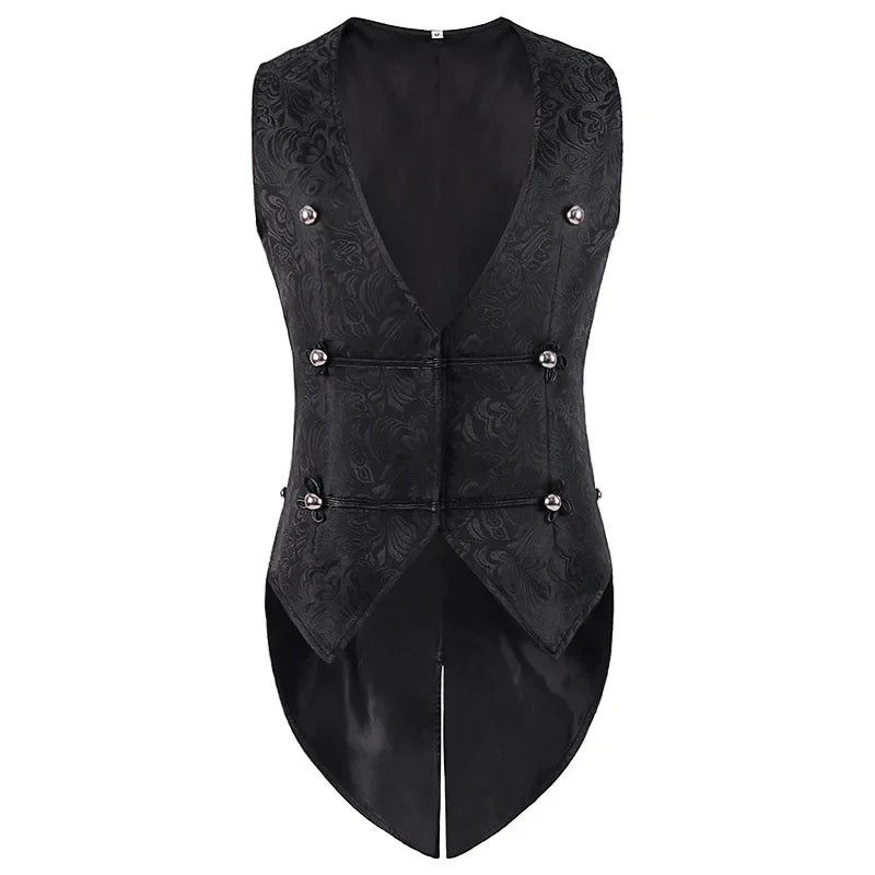Men Medieval Gothic Vest Jacquard Tailcoat Black Double-breasted Vintage V-neck Stage Party Steampunk Coat Halloween Jacket