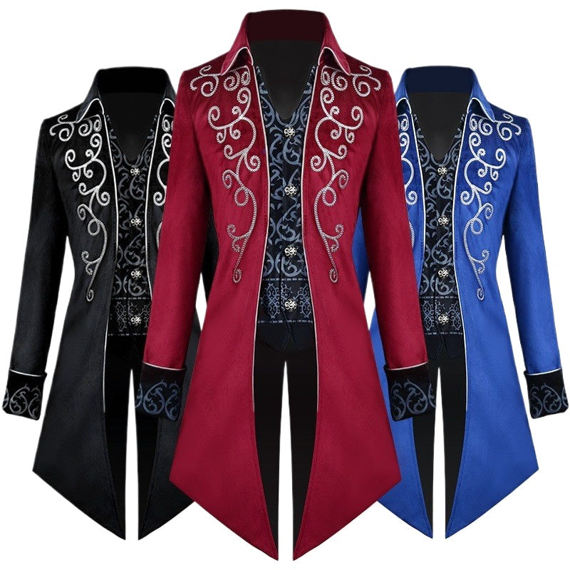 2025 Medieval Vintage Silver Trim Jacquard Men's Tuxedo, COS Prom Performance Steampunk Dress Jacket, Easter Halloween Costumes